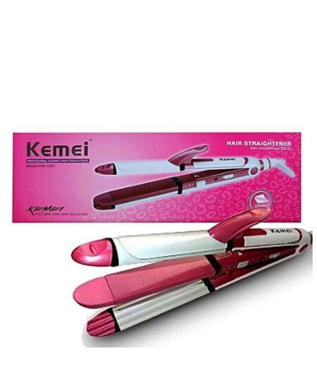 Kemei Km-1291 - Professional Hair Straightener, Curler & Crimper Iron - White & Pink in pakistan